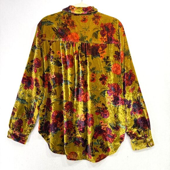 Pilcro Shirt Women M Green Floral Relaxed Velvet Button Down Romantic Academia - Picture 2 of 11